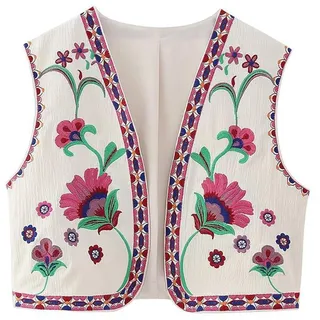 Akayoo Bestickte Weste Damen,Damen Vintage Blumen Stickerei Kurze Weste Jacke,Ärmellose Ethnische Bestickte Weste Traditionelle, Weste Sommer Boho Oberteile Elegante Westen