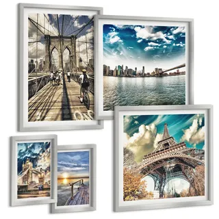 BILDER SET 5er Set - 50x50 cm & 20x30 cm & 40x60 cm Silberner Rahmen - Abstrakte geometrische Formen