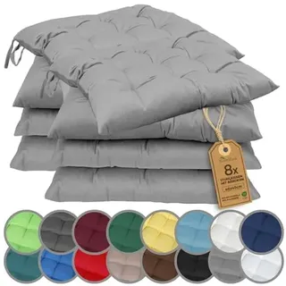 NatureMark 8er Set Stuhlkissen mit Bändern 40x40 cm – Gefüllte Sitzkissen, Outdoor & Indoor – Silber grau