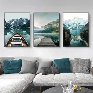 Trayosin 3er Poster Set, Blau Landschaft Bilder Deko Schlafzimmer - Berge und Flüsse Wandbilder Wohnzimmer Schlafzimmer, ohne Bilderrahmen (50x70cm)