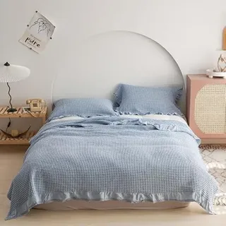 UULullabed Waffeldecke aus 100% Baumwolle, Rosa, 200x230 cm, mit Rüschen, Ganzjahresdecke für Bett und Sofa (blau, 200 * 230cm)