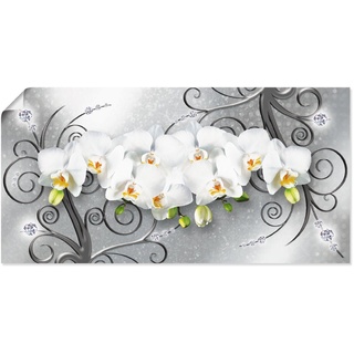 Artland Wandbild weiße Orchideen auf Ornamenten, Blumenbilder (1 St), als Alubild, Outdoorbild, Leinwandbild, Poster, Wandaufkleber grau 100 cm x 50 cm