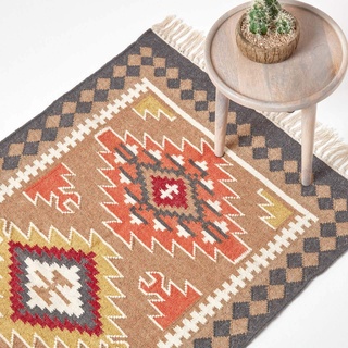 Homescapes Kelim-Teppich Jaipur, handgewebt aus Wolle/Baumwolle, 120 x 170 cm, bunter Wollteppich/Baumwollteppich mit geometrischem Muster und Fransen