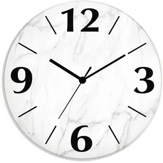 ARTLAND Wanddeko Wanduhr ohne Tickgeräusche aus Glas Funkuhr Ø 30 cm Rund Lautlos Ø 30 cm Weiße Marmor Stein Optik U1RF