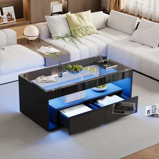 Merax Couchtisch in Hochglanz Schwarz, Moderner Wohnzimmertisch mit LED Beleuchtung, Kaffeetisch mit 2 Schubladen, Glastischplatte, Sofatisch Beistelltisch Teetisch, Rechteckiger Mitteltisch für Büro