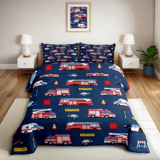 Homewish Cartoon Feuerwehrwagen Bettwäsche Feuerwehrauto Krankenwagen Polizeiauto Deckenbezug 155x220 Jungen Kinder Teenager Feuerwehrmann Bettbezug Thema Feuerwehr Brandschutz Bettset 2 Teilig