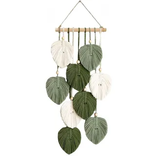 AFKSMILE Wandteppich Boho Deko Makramee Wandteppich mit Holzperlen und Grün Blätter, Wandbehang für Schlafzimmer Wohnzimmer Kinderzimmer Wanddeko grün