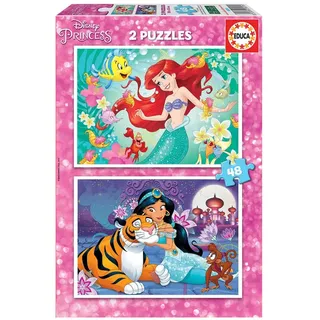 Educa - Kinderpuzzle Arielle und Jasmin | 2x48 Teile Puzzleset | Arielle, Disney Prinzessinnen | ab 4 Jahren (18213)