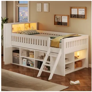 Odikalo Holzbett Hochbett Jugendbett Einzelbett mit LED Leitplanke offene Regalfächer (120/140x200 Gästebett Bettgestell mit Sicherheitsumrandung Leiter (ohne Matratze) weiß 125 cm x 223 cm x 118 cm