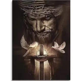 Christlicher Löwe Leinwandbild - Jesus, Kreuz und Friedenstaube - Wanddekoration, Kunstwerk, Poster für Zimmer - Fertig zum Aufhängen - 40 x 60 cm