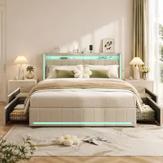 DAHUEN Bett mit Stauraum 160x200, Polsterbett Doppelbett mit 4 Schubladen und LED-Beleuchtung, Jugendbett mit USB und Type-C, Funktionsbett Bettgestell mit Lattenrost, Leinen (Beige (a), 160×200cm)