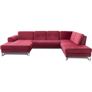 CAVADORE Wohnlandschaft Benda / Große Sofagarnitur mit XL-Longchair links & Federkern / Inkl. Sitztiefenverstellung / 332 x 87 x 226 / Samt: Rot