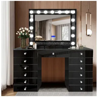 alesvelt Schminktisch LUMINA VELVET inkl. Spiegel mit LED-Beleuchtung Weiß/Schwarz/Gold (1-Stück), Glasplatte, Schubladen, Spiegel, LED-Beleuchtung schwarz