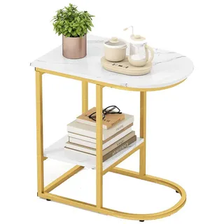Costway Beistelltisch in Marmoroptik, 2-stufiger Sofatisch mit Ablage, Couchtisch in C-Form, weiß + gold