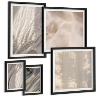 BILDER SET 5er Set - 50x50 cm & 20x30 cm & 40x60 cm Schwarzer Rahmen - Nahaufnahme von natürlichen Boho-Stoffen