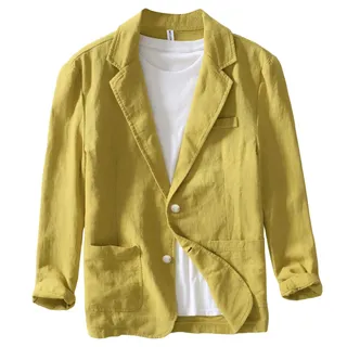Icegrey Sakko Herren Baumwoll Leinen Regular Fit Schalkragen Anzugjacke 2 Knopf Jacke für Hochzeit Freizeit, Yellow, XXL