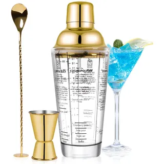 SAVORLIVING 14oz Glas Cocktail Shaker Set, Margarita Mixer Shaker mit eingebautem Sieb und Messbecher & Mischlöffel Set, Professionelles Barwerkzeug-Set für Barkeeper und Anfänger (Gold, 3PCS)