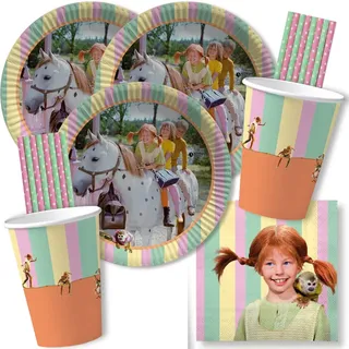68-teiliges Party-Set - Pippi Langstrumpf - Teller Becher Servietten Trinkhalme für 16 Kinder | Teller, Becher, Servietten, Trinkhalme für Kindergeburtstag