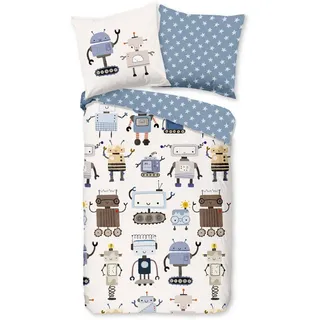 good morning Kinderbettwäsche Robo, Renforcé, 2 teilig, Baumwolle, Reißverschluss, Wendeoptik, Baby, Junge, Roboter, Weiß blau blau|weiß