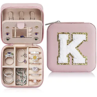 TINGN Mädchen Geschenke 11 Jahre - Schmuckkästchen Damen Reise Schmuckaufbewahrung Rosa Schmuckschatulle Buchstaben K Schmuckkästchen Kinder Personalisiert Geschenke für Frauen Mädchen Kinder