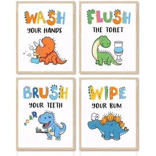 Dazzlewall Dinosaurier-Badezimmer-Wandkunstdrucke, inspirierende Zitate, Poster, lustiger Dinosaurier für Badezimmer, Kinderzimmer, Dekoration, 20,3 x 25,4 cm, ungerahmt, 4 Stück