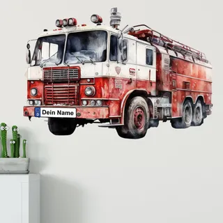 GRAZDesign Wandtattoo Feuerwehr Kinderzimmer Junge mit Namen personalisiert, Wand Aufkleber Tattoo Kinder Auto, Feuerwehrauto Wandaufkleber für Jungenzimmer 81x57cm
