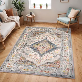 livabliss Casablanca Vintage Teppich 120x170 cm Oeko-Tex® Standard 100, in verschiedenen Größen erhältlich, Teppiche – Orientalischer Boho Kurzflor für Wohnzimmer & Schlafzimmer – pflegeleicht Taupe,Blau & Grau, Textil, Orientalisch, Rechteckig, Höhe: