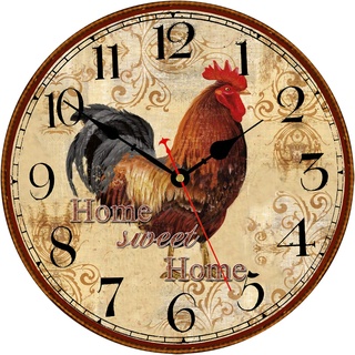 TAHEAT 30 cm Vintage Hahn Wanduhr, Lautlos Ohne Tickgeräusche Landhausstil Tiere Uhren, Holz Wanddekoration für Küche/Wohnzimmer/Schlafzimmer/Büro