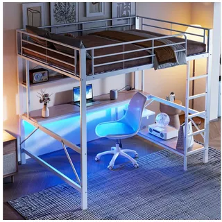 SOFTWEARY Hochbett mit Schreibtisch und LED-Beleuchtung (mit USB Anschlüssen, Steckdosen und Regal, 140x200cm) Metallbett mit Rausfallschutz, Jugendbett weiß