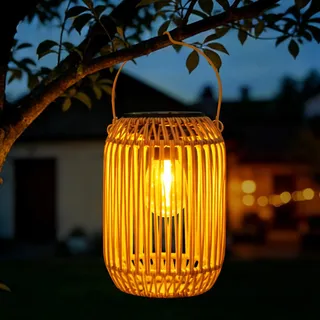 Solarlampen für Außen Garten Hängend, IP65 Wasserdicht Metall Rattan Solar Laternen für Draußen mit Helle LED Glühbirne, Solarlaterne Solarleuchten Gartendeko für Patio Terrasse Balkon (1 Stück,02)