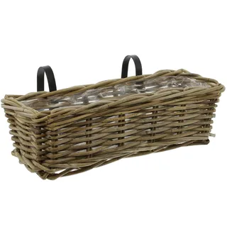FRANK FLECHTWAREN Balkonpflanzer Rattan Mittel, Koboo-Grey, Schwarze Metallbügel, 46x18x15 cm, Mit Folie, Blumenkasten Balkon