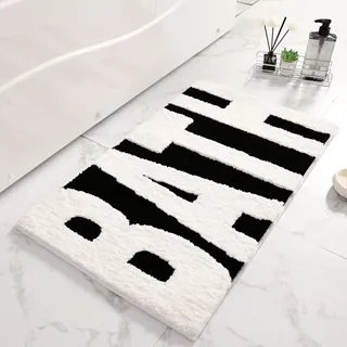 Badezimmerteppich Schwarz-Weiss Badematte rutschfest,Weiche Badteppich,Badvorleger Duschvorleger,Teppich Badezimmer Waschbar,Bad Teppich Flauschig50×80cm