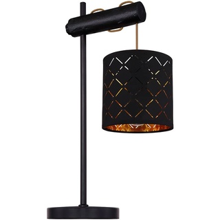 etc-shop Tischlampe Nachttischleuchte schwarz gold Tischleuchte höhenverstellbar Leseleuchte Holzlampe, mit Dekorstanzungen, Metall Textil, 1x E27, LxH 26 x 48 cm