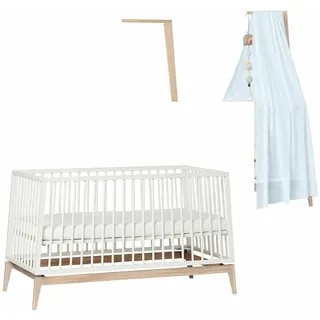 Leander Luna Babybett 140x70cm - weiß/Eiche + Himmelgestell + Himmel dusty blue