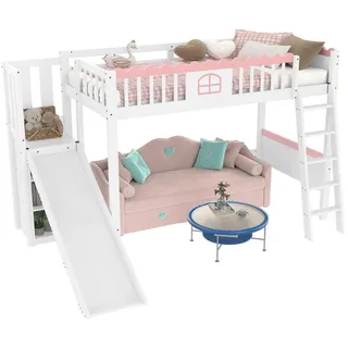 REDOM Kinderbett Hochbett mit LED-Leuchten (mit Rutsche, Funktionsbett 90x200 cm aus Kiefernholz, mit Regalen und fantasievollem Fenstermodell), Ohne Matratze weiß