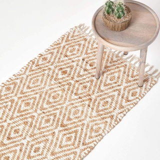 Homescapes Teppichläufer Sierra, handgewebt aus Hanf, 66 x 200 cm, Flickenteppich mit geometrischem Rautenmuster und Fransen, Creme/Natur
