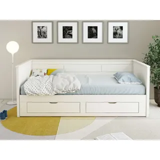 OTTO home Daybed OTTO HOME "Leorben, 2 Schlafplätze, Jugendbett, Landhausstil, Massivholz", weiß, B:100,3cm H:82cm L:209,4cm, Daybetten, ausziehbar, 2 Schubladen, inkl. Lattenroste, viel Stauraum, Made in EU