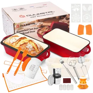 2-in-1 Brotbacktopf Gusseisen mit Deckel Ovale Kastenform, 4,7 L,Rot | inkl. 15-teiligem Backset mit Gärkorb, Brotlame und Silikon-Backschlinge – backofenfest bis 260 °C