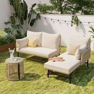 Flieks Gartenlounge Set 3-tlg, Balkonmöbel Set 3 Sitzer, Gartenmöbel Set für 3-4 Personen, Terrassenmöbel Set mit Kissen und Tisch, Sitzgruppe ... - Beige
