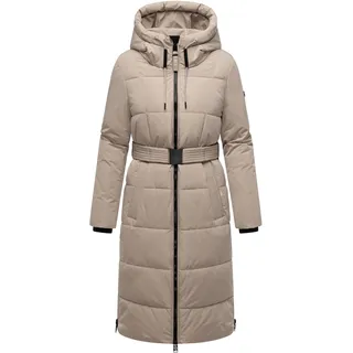 Navahoo Damen Steppmantel lang Wintermantel Parka Jacke wasserabweisend, Kapuze, Teddyfell, Kragen, Gürtel Herbstnebel