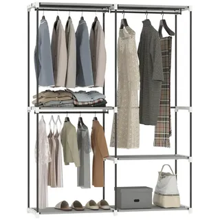 Offener Kleiderschrank mit 4 Regalböden und 3 Kleiderstangen, 142x43x185 cm, Hellgrau - 105 kg belastbar - 16 mm Metallrohr - werkzeugloser Aufbau - Grau