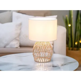 Tischleuchte im Boho Stil Nachttischlampe Rattan Natur Stoffschirm Weiß Ø25cm
