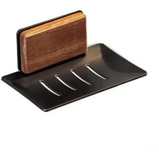 Volakebeing Wandmontierte Walnuss-Seifenschale mit Drainagesystem, ohne Bohren, natürliches Holz, Badezimmer-Organizer für Dusche, Badewanne, Aufbewahrung, schwarz, grau, weiß (A Walnuss + Schwarz)