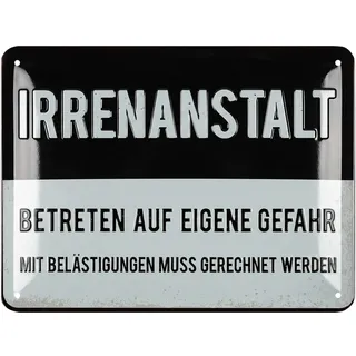 LANOLU Retro Blechschilder Sprüche lustig - IRRENANSTALT Schild für Tür, Flur und Küche - vintage Metallschild Irrenhaus als Geschenk Büro Deko und Werkstatt Schild - aus Metall, 15x20cm