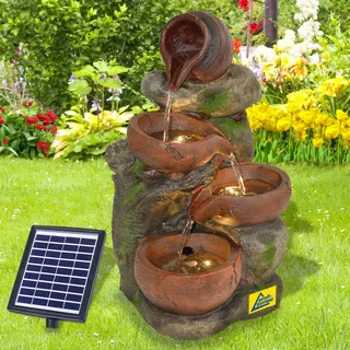 Solar Gartenbrunnen Brunnen Solarbrunnen Zierbrunnen Wasserfall Gartenleuchte Teichpumpe für Terrasse, Balkon, mit Pumpen, mit Liion-Akku & Led-Licht (4-TONKRÜGE IM BAUMFELS)