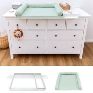 LIMMALAND Wickelaufsatz Set für IKEA HEMNES – mit Aufsatz, Wickelauflage & Umrandung aus 100% Baumwolle (Eukalyptus Light, 160 cm Aufsatz & Auflage)