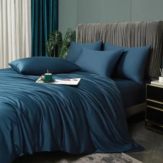 Luofanfei Bambus Bettwäsche 200x220 cm Petrol Blau Sommer Kühlende Uni Bambusfasern Lyocell Glänzend Bettwäsche Set Atmungsaktiv Bamboo Luxus Bettbezug und Kissenbezüge 80x80 cm mit Reissverschluss