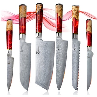 Calisso Messer-Set Ruby Line Küchenmesser Damastmesser Messerset (Advanced Set, 6-tlg), Damaszener Messer rot