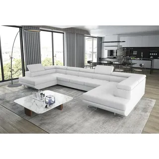 thematys Ecksofa Aston U 403 x 203cm mit Schlaffunktion & Bettkasten –, U-Sofa mit verstellbaren Kopfstützen, Samt (Monolotith), oder Cord (Poso), - U-Form, XL-Wohnlandschaft, 390 cm breit weiß 390 cm