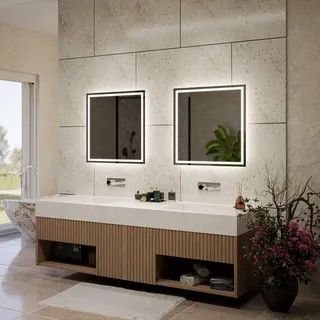 Alasta Atlanta LED-Badspiegel 80 x 80 cm, individuell konfigurierbar, mit optionalem Kosmetikspiegel, Spiegelheizung und wählbarer Lichtfarbe